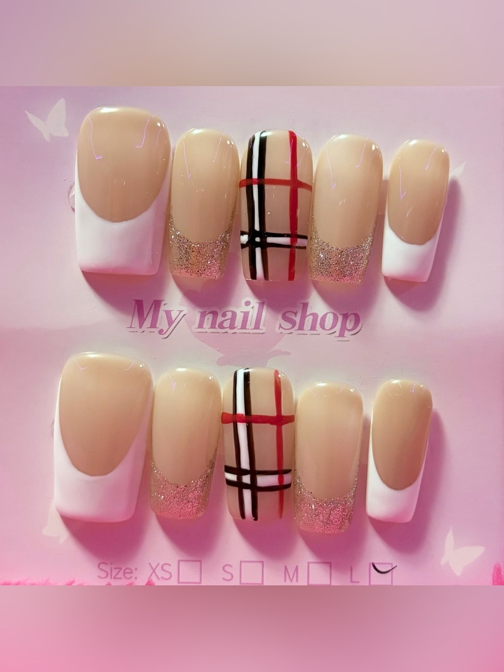 Neutral Plaid & Glitter Press-On Nail Set - Beige, White, Red, Black